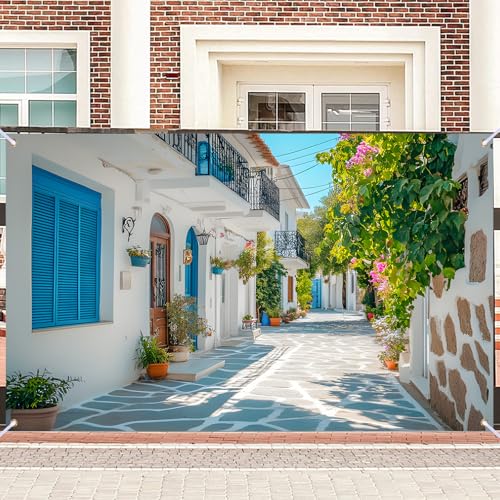 Nuxovilar Greek Town Street Backdrop Polyester 90.55x70.86 Inches Photo Backdrop for Photography Mediterranean Travel Event Decor - color: KK00258