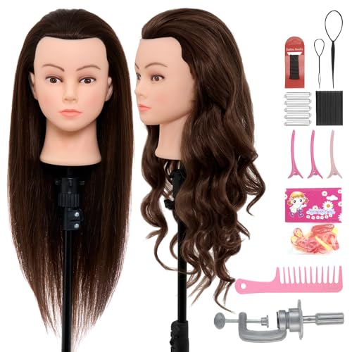 Neverland Beauty & Health 28Inch 60% Real Hair Mannequin Head,Doll Head for Hair Styling Braiding Curling,Cosmetology Mannequin Head with Hair with Table Clamp Hair Styling Set(Dark Brown) - color: gray