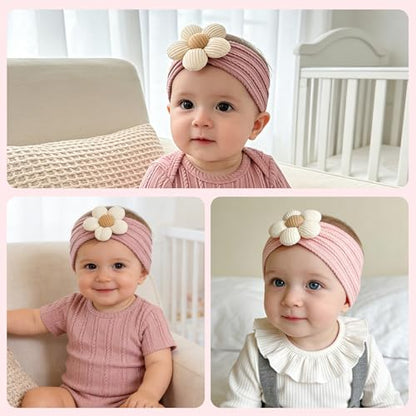 CÉLLOT Baby Flower Headbands Baby Girls Nylon Headbands Baby Essentials Stretchy Hairbands Handmade Hair Accessories for Newborn Infant Toddlers Kids (Pink,Khaki Gray,Dusty Pink) - color: Pink+Cameo+Salmon