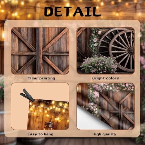 Country Wedding Photography Backdrop, Rustic Barn Door Cabin Wooden Photography Backdrop Farmhouse Pink Flower Wedding Bridal Party Banner Props Photo Photoshoot Wall Decor Booth 7x5ft