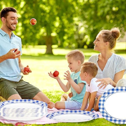 50Pcs Blue and White Gingham Oval Paper Plates 10" x 12" Large Blue Gingham Checkered Plaid Plates Disposable Heavy Duty Oktoberfest Plate for Oktoberfest Holiday Picnic BBQ Birthday Party Decorations - style: Blue Gingham Oval Plates