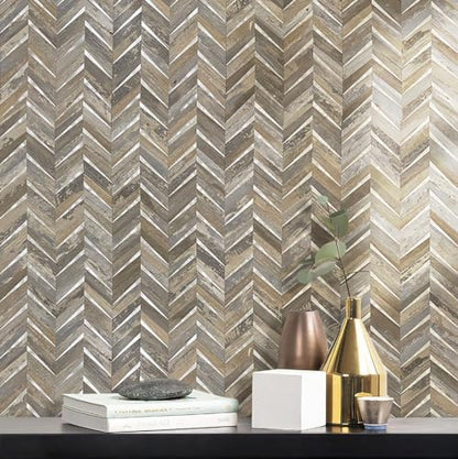 DICOFUN 10-Sheet Herringbone Peel and Stick Backsplash for Kitchen, Distressed Wood Wood Look PVC Mixed Metal Chevron Stick on Backsplash Wall Tiles - color: Distressed Wood and Metal Silver, size: 10 Sheets, 12"x12"x0.12"