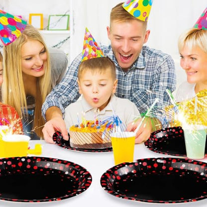 50 Pcs Black and Red Oval Plates 10" x 12" Large Graduation Party Plates Disposable Heavy Duty Red Dot on Black Paper Plates for Congrats Grad Holiday Fiesta Wedding Birthday Party Decorations - style: Black and Red Dot Oval Plates