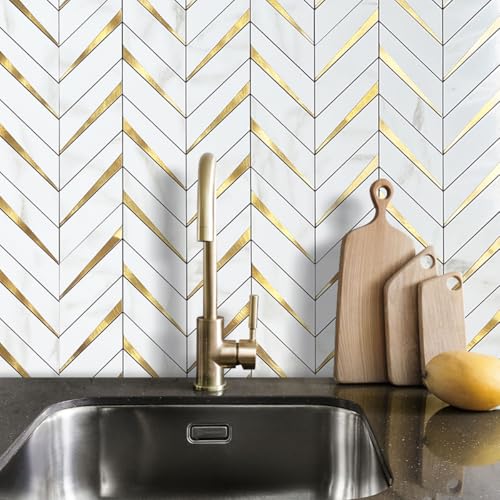 DICOFUN 10-Sheet Herringbone Tile Peel and Stick Backsplash, Polished White Marble PVC Mixed Metal Gold Stick on Backsplash for Kitchen and Bathroom Wall - color: Polished White Marble and Metal Gold, size: 10 Sheets, 12"x12"x0.12"