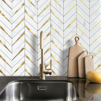 DICOFUN 10-Sheet Herringbone Tile Peel and Stick Backsplash, Polished White Marble PVC Mixed Metal Gold Stick on Backsplash for Kitchen and Bathroom Wall - color: Polished White Marble and Metal Gold, size: 10 Sheets, 12"x12"x0.12"