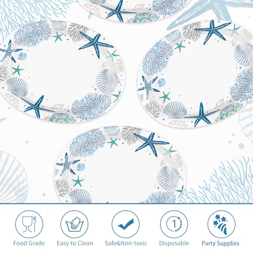 50Pcs Coastal Beach Oval Paper Plates 10" x 12" Large Heavy Duty Disposable Blue Ocean Coral Starfish Seashell Dinner Plates Summer Beach Paper Platters for Under the Sea Wedding Birthday Supplies - style: 50Pcs Coastal Oval Paper Plates