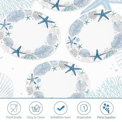 50Pcs Coastal Beach Oval Paper Plates 10" x 12" Large Heavy Duty Disposable Blue Ocean Coral Starfish Seashell Dinner Plates Summer Beach Paper Platters for Under the Sea Wedding Birthday Supplies - style: 50Pcs Coastal Oval Paper Plates