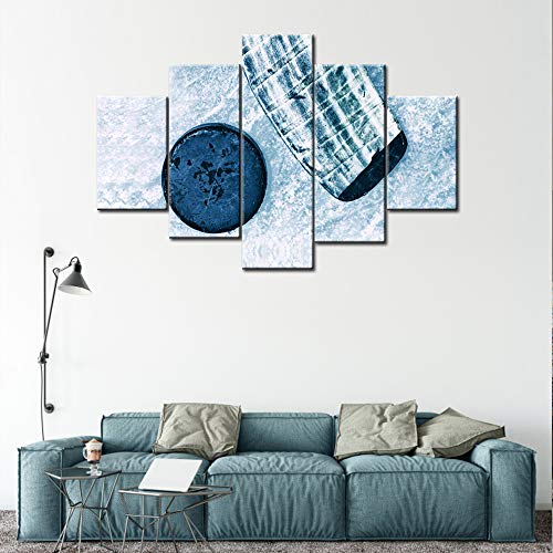 Hockey Poster Canvas Wall Art for Boy Room Blue Hockey Stick and Ice Hockey Contemporary Artwork House Wall Decoration Giclee Wooden Framed Ready to Hang Poster and Prints 5 Piece (60''Wx40''H) - color: Artwork-32, size: 60''W x 40''H