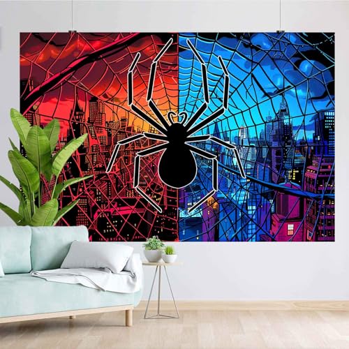 10x8FT Spider Backdrop Blue Red City Buildings Skyline Spider Backdrop Girl Boy Kids Birthday Party Decorations Supplies TAYBDJ1064 - size: 10x8FT