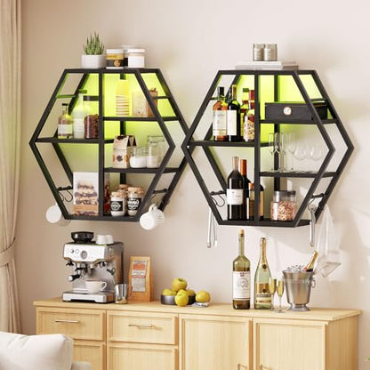 HOOBRO Gaming Floating Shelves with LED Lights, Gaming Wall Mounted Shelf, Hexagonal Display Rack for Wall Storage, Floating Rack with 4 S-Hooks, for Gaming Room, Black BB76DBJ01
