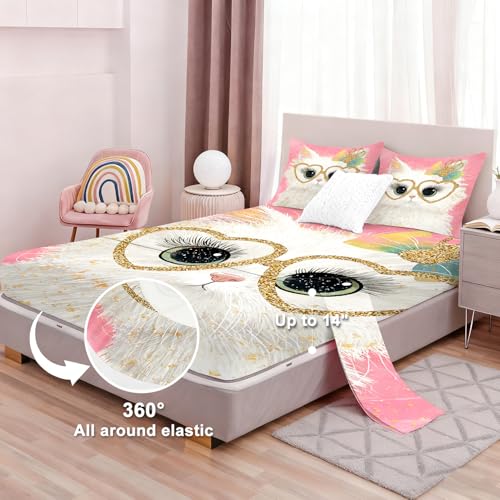 Girls Cat Themed Fitted Sheet Set Full Size Pink Glitter Cat with Heart Glasses Print Sheet Set Kawaii Bow Kitten Bedding for Kids Toddler Bedroom 1 Fitted Sheet + 1 Flat Sheet + 2 Pillowcases - color: Cat 09, size: Full