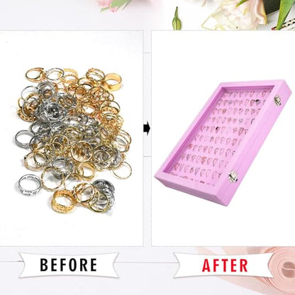 Siveit Velvet Ring Display Tray Organizer Box with Transparent Lid, 100 Slot Ring Holder Showcase For Store Display Jewelry Show Home, Pink - color: Pink
