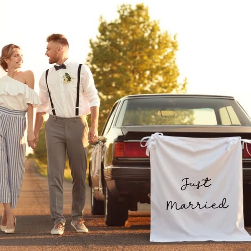Oudain 29x39 Inch Just Married Burlap Banner, Wedding Fabric Backdrop with Ribbons and Hooks, Rustic Boho Photo Props Sign for Wedding Marriage Party Indoor Outdoor Wall Hanging Decoration - size: 29x59 Inch, style: Just Married