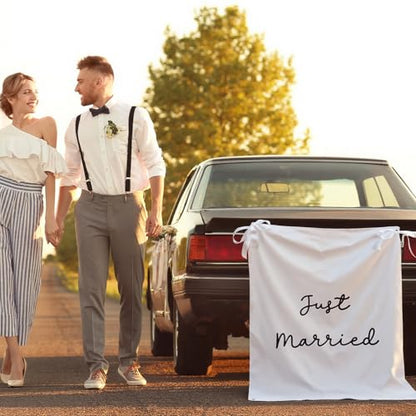 Oudain 29x39 Inch Just Married Burlap Banner, Wedding Fabric Backdrop with Ribbons and Hooks, Rustic Boho Photo Props Sign for Wedding Marriage Party Indoor Outdoor Wall Hanging Decoration - size: 29x59 Inch, style: Just Married