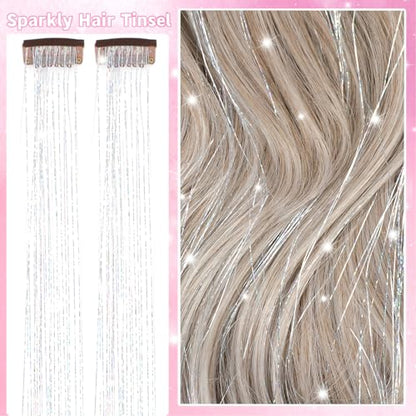 Hair Tinsel Clip in 12 Pcs Glitter Tinsel Hair Extensions 20 Inch Fairy Hair Clip in Hair Tinsel Heat Resistant Sparkly Silver Hair Accessories for Girls Women Kids (Silver) - color: Silver