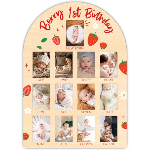 Strawberry My First Year Photo Board, Berry 1st Birthday Baby Milestone Signs for Boys Girls Nursery Decor, 12 Month Wooden Picture Board for 2x3 Photos, Best Babies Keepsake Gifts-A17 - color: Strawberry 3