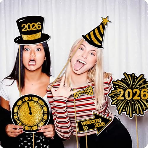 25 Pcs Happy New Year Photo Booth Props 2026 Eve Party Supplies Holiday Celebrations Black Gold Funny Table Decorations Accessories