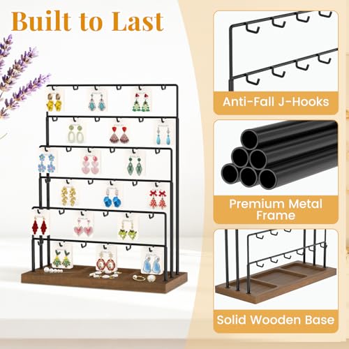 EsLuker.ly Earring Card Display Stand for Vendors Events Selling, Earring Holder Rack Metal 6 Tier 36 Hooks with Wooden Base, Large Capacity Showcase Your Jewelry at Any Event, Black - color: Dark Brown+Black