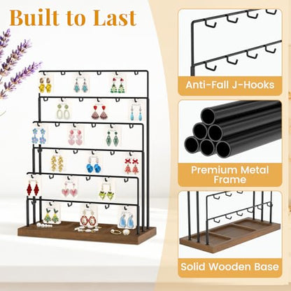 EsLuker.ly Earring Card Display Stand for Vendors Events Selling, Earring Holder Rack Metal 6 Tier 36 Hooks with Wooden Base, Large Capacity Showcase Your Jewelry at Any Event, Black - color: Dark Brown+Black