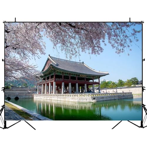 5x7ft Photography Backdrop gyeongbokgung Cherry Blossom springkorea Photo Backdrop Photography Background for Photoshoot Portrait Video Party Photo Studio Prop Booth - color: Color1