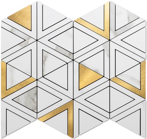 DICOFUN 10-Sheet White Marble Look Triangle Mosaic Tiles Peel and Stick Backsplash for Kitchen, PVC Mixed Metal Gold Chevron Stick on Backsplash Wall Tiles - color: White Marble and Metal Gold, size: 10 Sheets, 12"x12"x0.12"