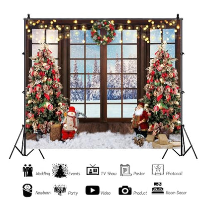 10x8ft Christmas Tree Window Backdrop Winter Snow View Photo Background for Christmas Santa Claus Snowman Backdrop Banner Photography Studio Props Christmas Tapestry - size: 10x8ft-Polyester