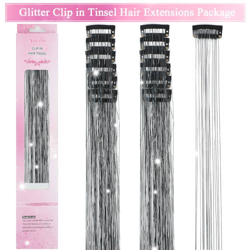 Hair Tinsel Clip in 12 Pcs Glitter Tinsel Hair Extensions 20 Inch Fairy Hair Clip in Hair Tinsel Heat Resistant Sparkly Hair Accessories for Girls Women Kids (Black) - color: Black