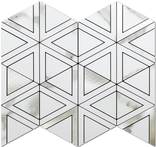 DICOFUN 10-Sheet White Marble Look Triangle Mosaic Tiles Peel and Stick Backsplash for Kitchen, PVC Mixed Metal Silver Chevron Stick on Backsplash Wall Tiles - color: White Marble and Metal Silver, size: 10 Sheets, 12"x12"x0.12"