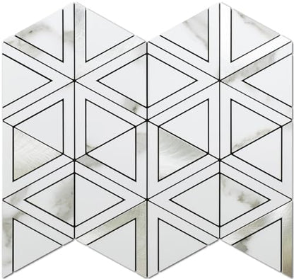 DICOFUN 10-Sheet White Marble Look Triangle Mosaic Tiles Peel and Stick Backsplash for Kitchen, PVC Mixed Metal Silver Chevron Stick on Backsplash Wall Tiles - color: White Marble and Metal Silver, size: 10 Sheets, 12"x12"x0.12"
