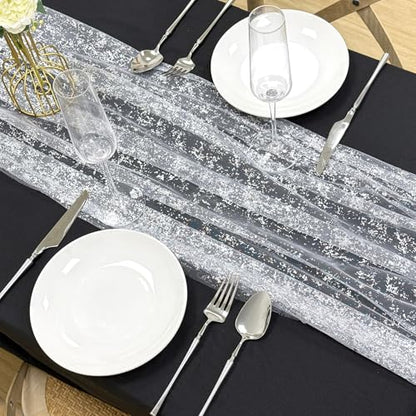 AerWo 4 Pcs Silver Table Runner 10FT, Boho Foil Glitter Sheer Sequin Table Runners 120 Inches Long, Wedding Centerpiece Table Decorations for Party Supplies Birthday Christmas Runners Decorations - size: 4 Pieces, style: Silver