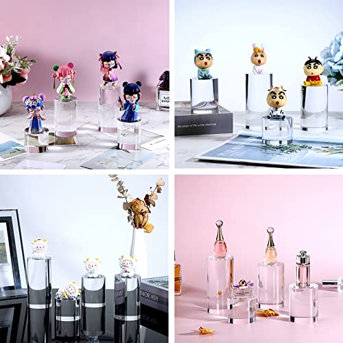 Hipiwe 4-Pack Acrylic Display Risers Figures Display Stand Holder Clear Cylinder Tabletop Jewelry Perfume Showcase Organizer for Geodes Rock Small Collectibles Display Blocks