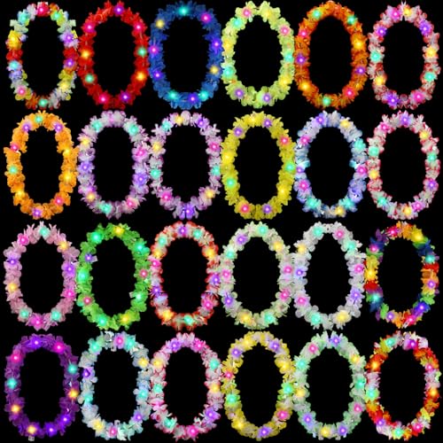Sherr 24 Pcs LED Leis Light up Wedding Hawaiian Leis Flower Necklace with LED Lights Beach Tropical Carnival Party Wedding Supplies Luau for Masquerade(Summer Color) - color: Summer Color