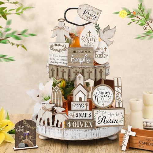 Yuntau 24 Pcs Easter Tiered Tray Decor Religious Easter Decorations He is Risen Cross Tray Decoration Sets Christian Cross Table Wooden Sign Farmhouse Table Decor for Home Kitchen Office Holiday - style: Rustic