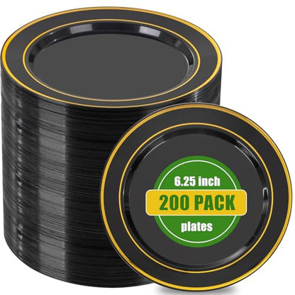 bUCLA 200PCS Black and Gold Plastic Plates - 6.25inch Black with Gold Rim Disposable Dessert/Salad/Appetizer/Small Cake Plates - Ideal for Party & New Year - color: 6.25Inch-200pcs-Black Gold