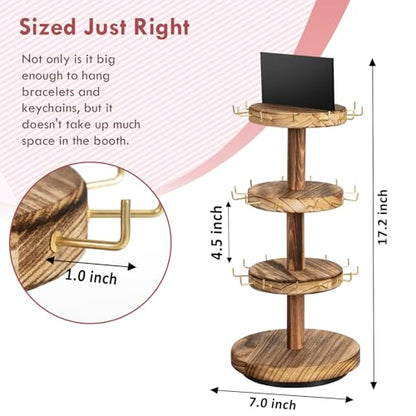Pinzoveco Bracelet Holder, 3 Tier Wooden Rotating Bracelet Display Stand, Tree Stand Vendor Booth Display with Adversitsing Board, 36 Hooks for Bracelet, KeyChain Display Stands for Selling, Brown (Patent Pending) - color: Carbonized Brown