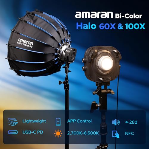 Amaran Halo 60X COB Led Video Light 63W Bi-Color 2700k-6500k,3,270 lux@ 1m (Bare),Ultra-Compact Travel Light,USB-C PD Power,App/NFC Control, Bowens Mount for YouTube TikTok Studio(60, Watts)