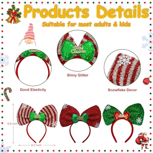 Christmas Headbands for Women 3 Pack Creative Glitter Xmas Headbands Party Costume Headwear