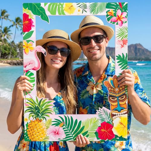 Beeveer 32 x 24 Inch Large Summer Luau Photo Booth Frame Hawaiian Friends Selfie Picture Props for Tropical Tiki Birthday Baby Shower Bridal Shower Wedding Decorations - style: Hawaii Style