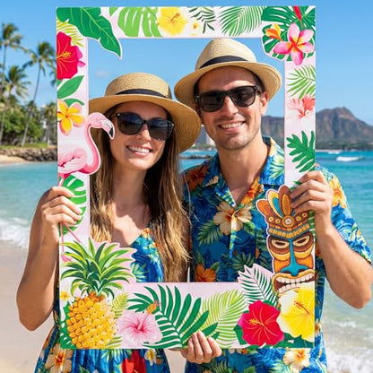 Beeveer 32 x 24 Inch Large Summer Luau Photo Booth Frame Hawaiian Friends Selfie Picture Props for Tropical Tiki Birthday Baby Shower Bridal Shower Wedding Decorations - style: Hawaii Style