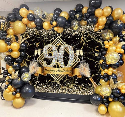 Sensfun Happy 90th Birthday Backdrop Black Gold Glitter Marble Diamond Photography Background Women Men Fabulous 90th Birthday Decorations 90 Years Old Birthday Party Banner Photo Studio Props 7x5ft - size: 7x5ft