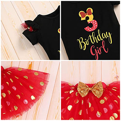 IBTOM CASTLE Cake Smash Half 1st 2nd 3rd Birthday Girl Princess Polka Dots Ruffle Skirt Set ONE Party Costume Headband - color: Red+black-3rd, size: 3T