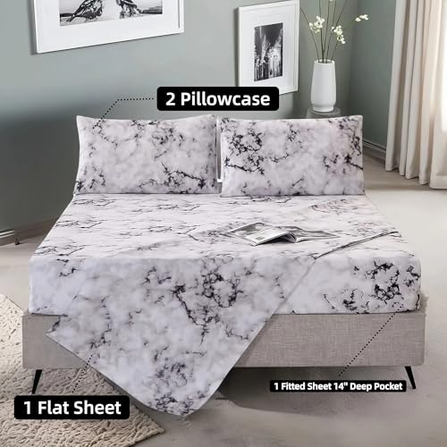 MAG Marble Bed Sheet, 4PC Black White and Gray, Full Size Modern Pattern Printed Bedding Sheet Set with 1 Top Flat & 1 Fitted Sheet with 2 Pillowcases, 14” Deep - color: White-marble, size: Full