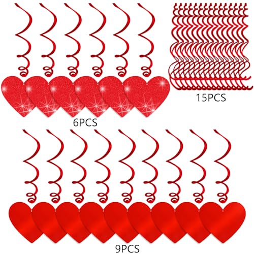 30 Pcs Valentines Day Decorations Hanging Swirls,Red Glitter Heart Hanging Decorations Love Heart Swirls for Valentine's Day Party Decorations Supplies Romantic Wedding Photo Prop Glitter Ornaments
