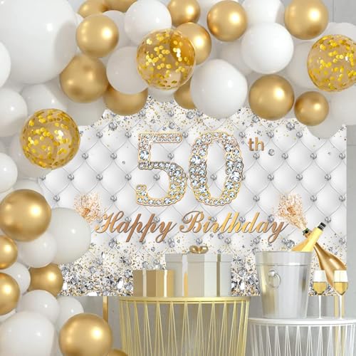 Withu White Gold 50th Birthday Backdrop for Men Women Shining Diamond Crystals Cheers to 50 Years Old Champagne Fifty Birthday Party Decorations Photography Banner Background 8x6ft - size: 8x6ft