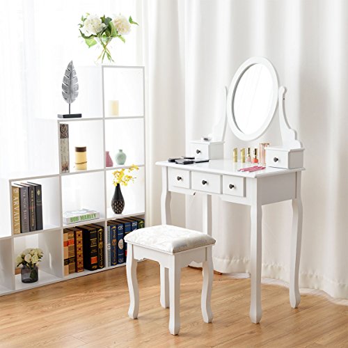 Giantex Girl Vanity Set with 5 Drawers, Makeup Dressing Table with Cushioned Stool for Modern Bedroom Apartment, White Vanity Desk for Women - color: White, style: 5 Drawers