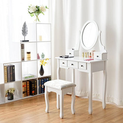 Giantex Girl Vanity Set with 5 Drawers, Makeup Dressing Table with Cushioned Stool for Modern Bedroom Apartment, White Vanity Desk for Women - color: White, style: 5 Drawers