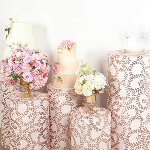 Efavormart Set of 5 Rose Gold Sequin Mesh Cylinder Display Box Stand Covers with Leaf Vine Embroidery, Sparkly Sheer Tulle Pedestal Pillar Prop Covers - color: Rose Gold, size: Sequin Mesh Cylinder Covers - Leaf Pattern