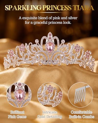 Princess Tiara Crown with Satin Gloves Set Crystal Headpiece for Graduation Prom and Party Photo Props - color: Silver Pink Diamond, style: A