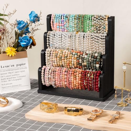 Emfogo Bracelet Holder, 4 Tier Bracelet Organizer Storage for Bracelets Bangles Watch Scrunchies, Rustic Wood Jewelry Organizer Display for Home, Vendors, Craft Shows and Store(Black) - color: Black