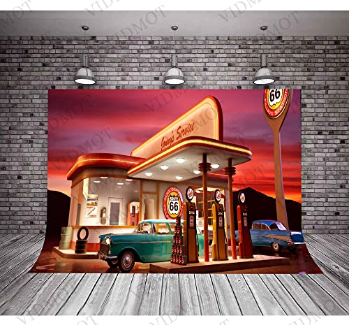 50s Backdrop for Bathday Party Route 66 Gas Station Vintage Car Photography Background 10x7ft Party Decor Banner Photo Studio Photography Props BJXPVV10 - size: 10x7 FT